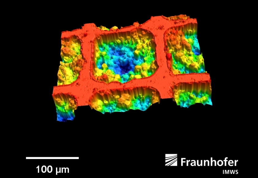Laserscanning-Mikroskopie-Aufnahme eines pixelierten Leuchtstoffs.